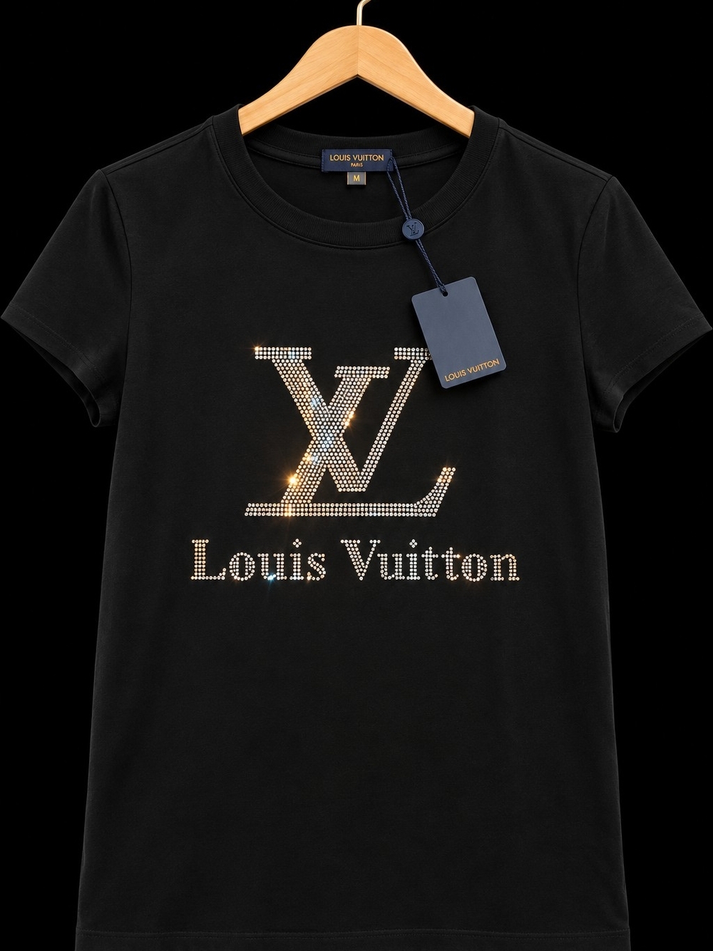 Louis Vuitton Black Rhinestone Logo Tee